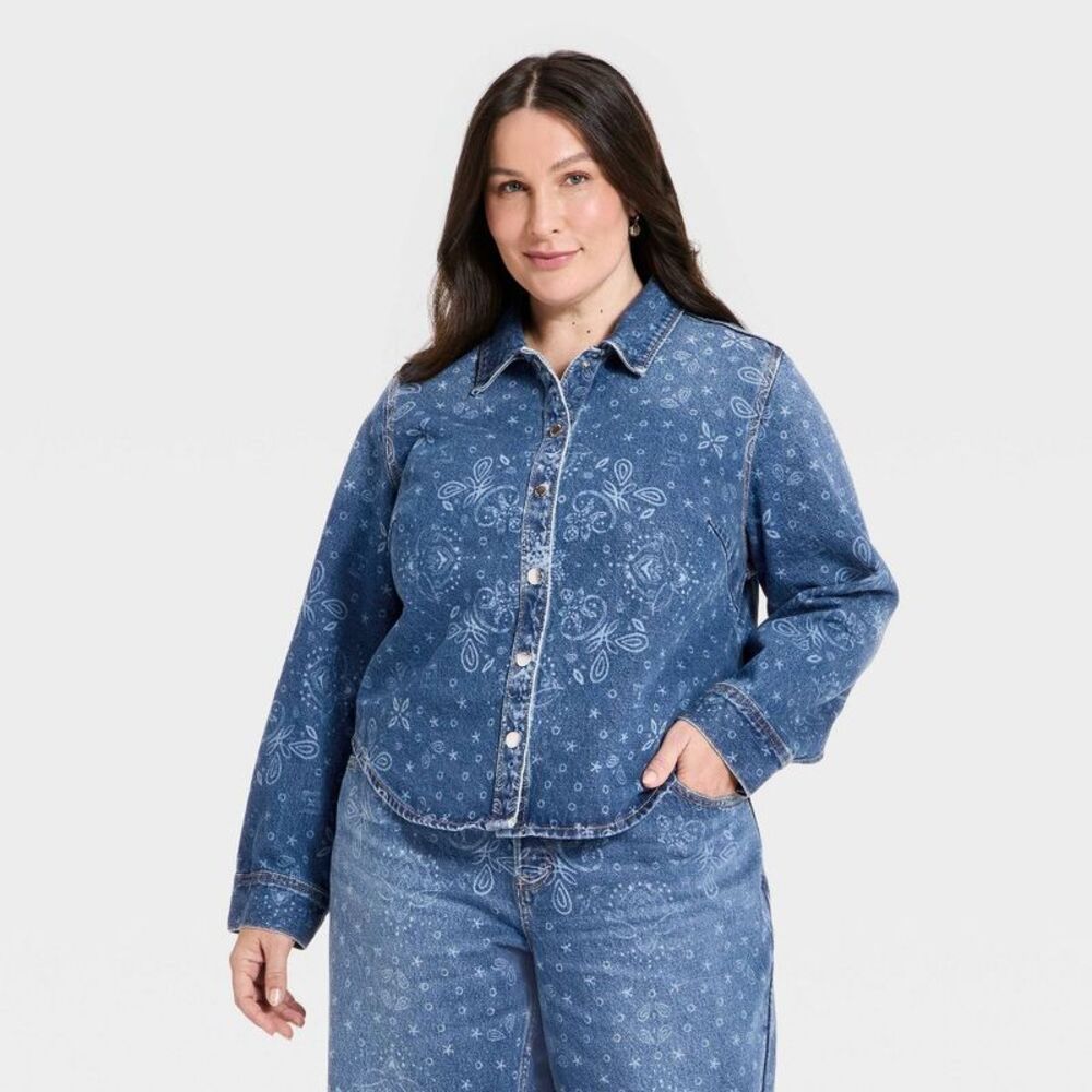 Womens's Long Sleeve Collared Easy Denim Shirt Bandana - Medium Wash 3X